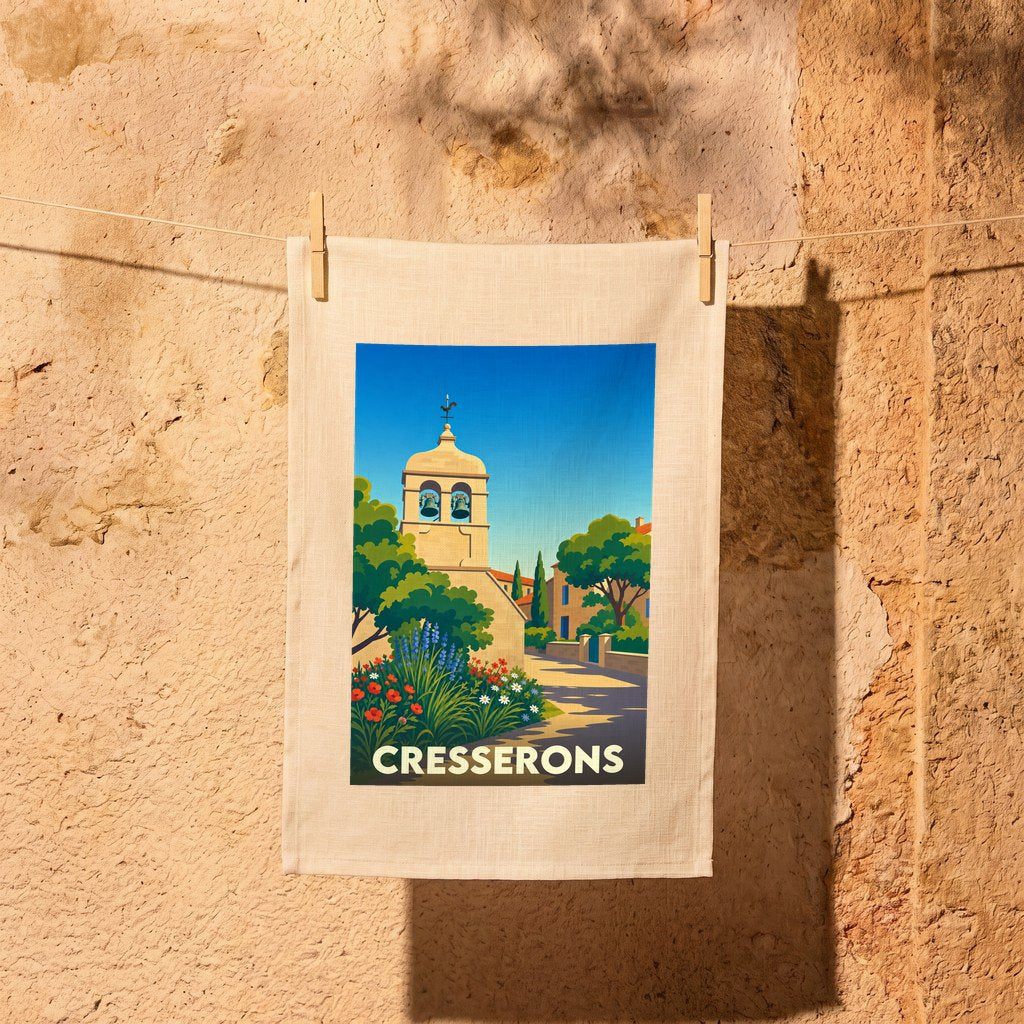 Torchon souvenir de la ville de Cresserons illustré d'un paysage de village ensoleillé avec son église.