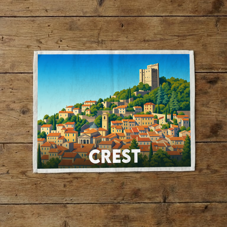 Torchon souvenir de la ville de Crest avec une illustration stylisée.