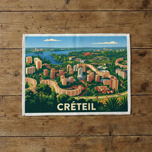 Torchon souvenir de la ville de Créteil avec une illustration stylisée de son paysage urbain emblématique.