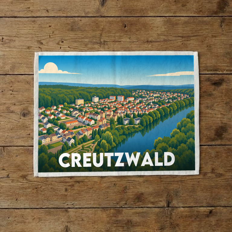 Torchon souvenir de la ville de Creutzwald avec une illustration stylisée.