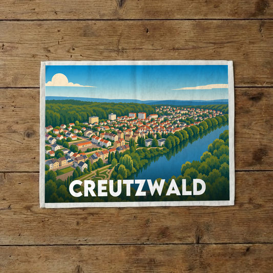 Torchon souvenir de la ville de Creutzwald avec une illustration stylisée.