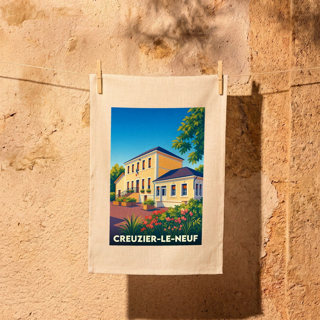 Torchon souvenir de la ville de Creuzier-le-Neuf avec une illustration colorée et stylisée de la mairie.