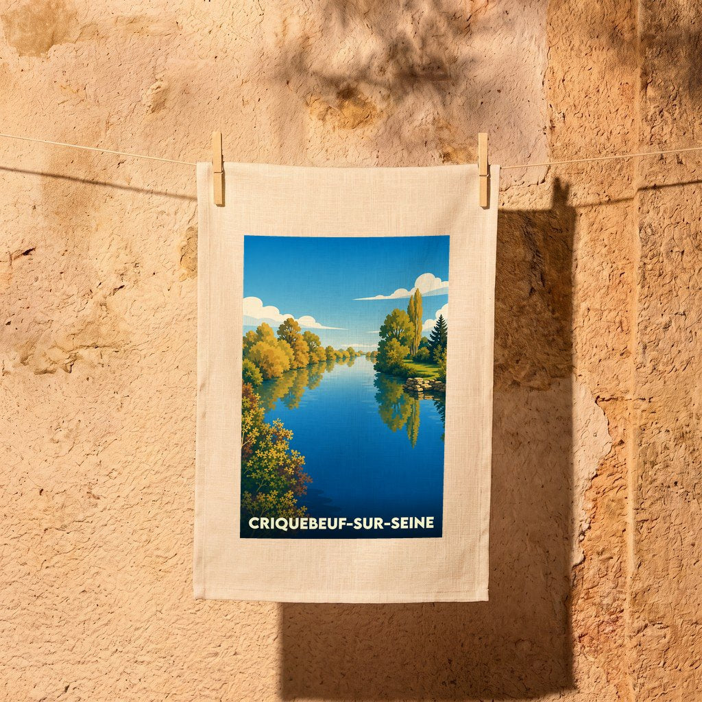 Torchon souvenir de la ville de Criquebeuf-sur-Seine avec une illustration stylisée des bords de l'Eure.