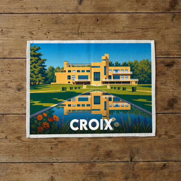 Torchon souvenir de la ville de Croix illustrant la Villa Cavrois avec son bassin.