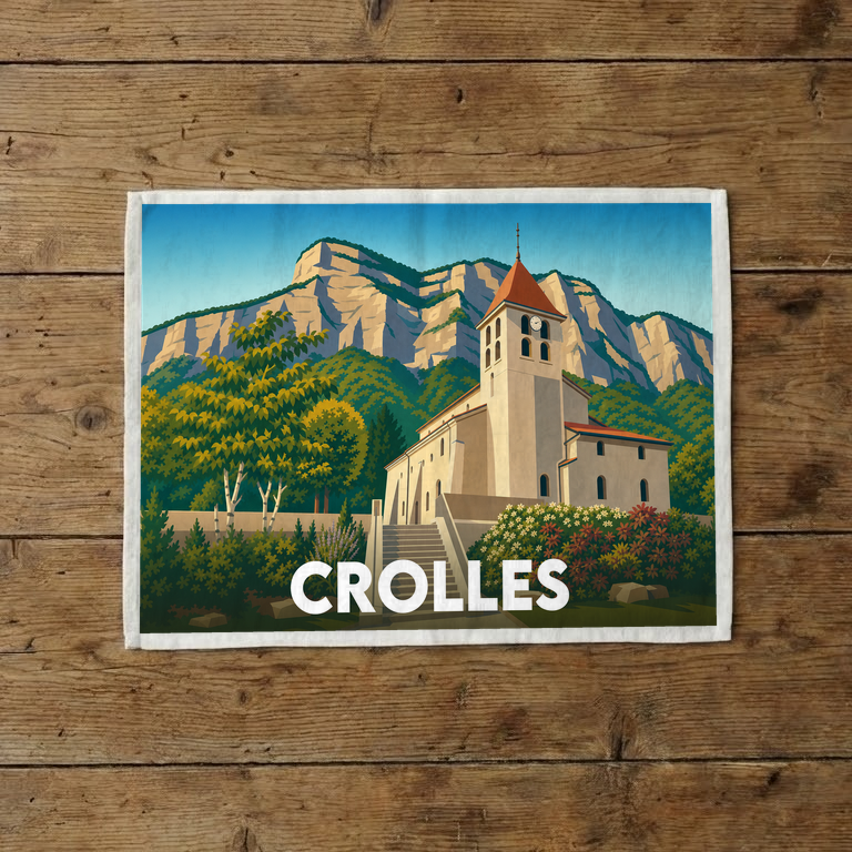 Torchon souvenir de la ville de Crolles illustré d'une église devant une falaise montagneuse.