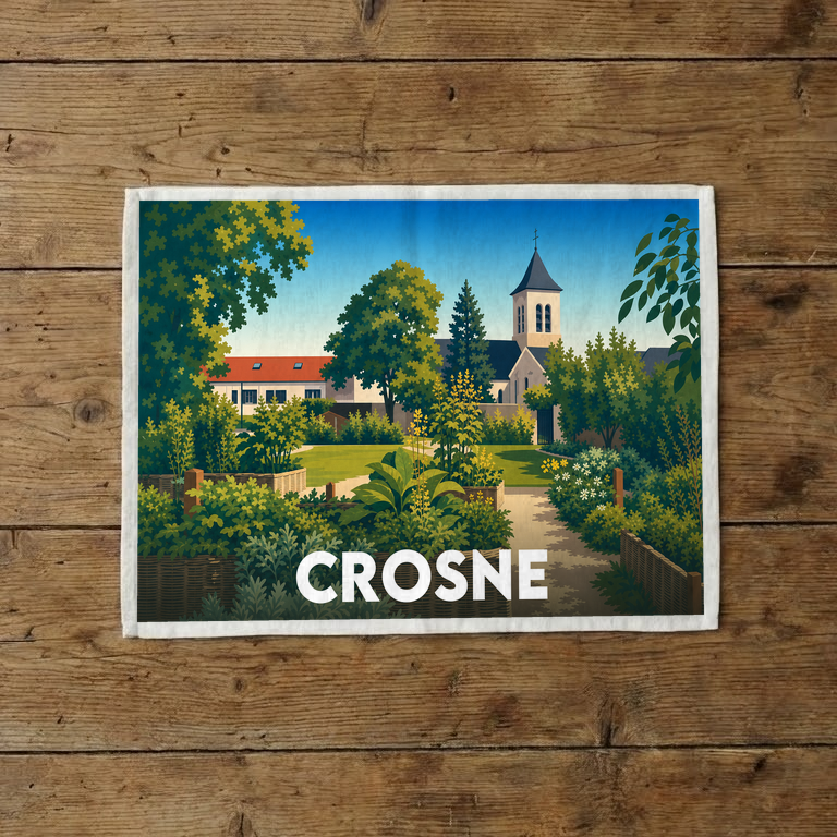 Torchon souvenir de la ville de Crosne avec une illustration stylisée représentant son église et ses jardins.