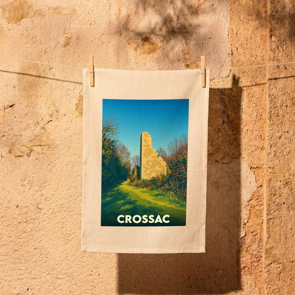 Torchon souvenir de la ville de Crossac orné d'une illustration stylisée de ruines historiques.