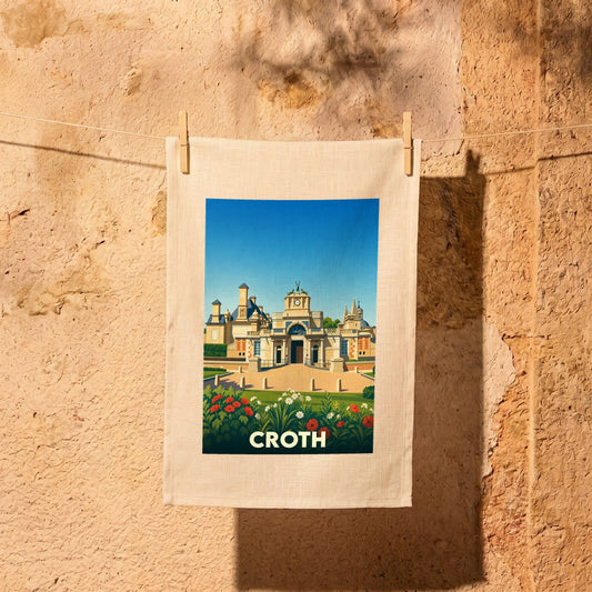 Torchon souvenir de la ville de Croth avec une illustration stylisée d'un château.
