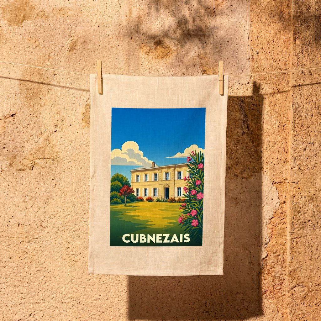 Torchon souvenir de la ville de Cubnezais illustré d'une demeure bourgeoise sous un ciel ensoleillé.