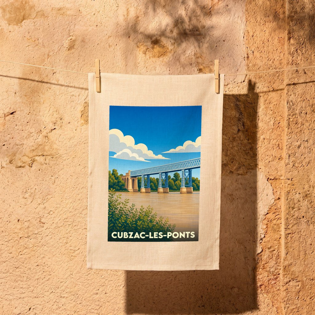 Torchon souvenir de Cubzac-les-Ponts avec une illustration stylisée du pont Eiffel.