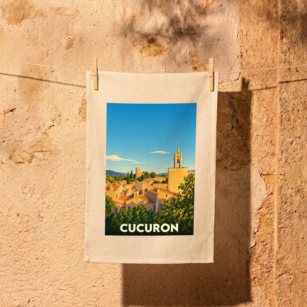 Torchon souvenir de la ville de Cucuron avec une illustration stylisée.