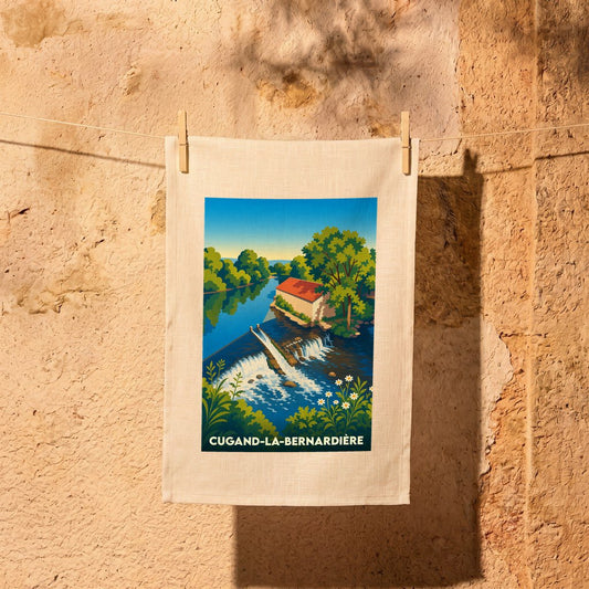 Torchon souvenir de Cugand-la-Bernadière avec une illustration stylisée d'un moulin au bord de l'eau.