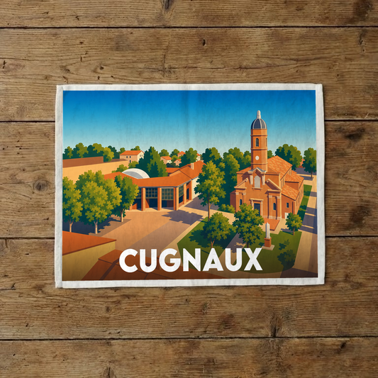 Torchon souvenir de la ville de Cugnaux avec une illustration stylisée.