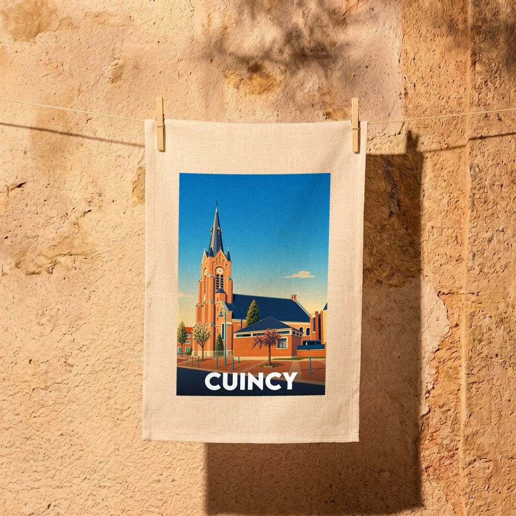 Torchon souvenir de la ville de Cuincy illustré d'un dessin stylisé de son église.
