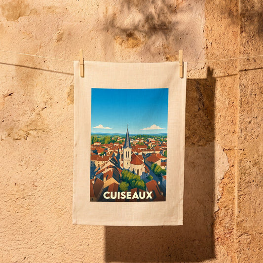 Torchon souvenir de la ville de Cuiseaux illustré d'une vue aérienne stylisée du village et de son église.