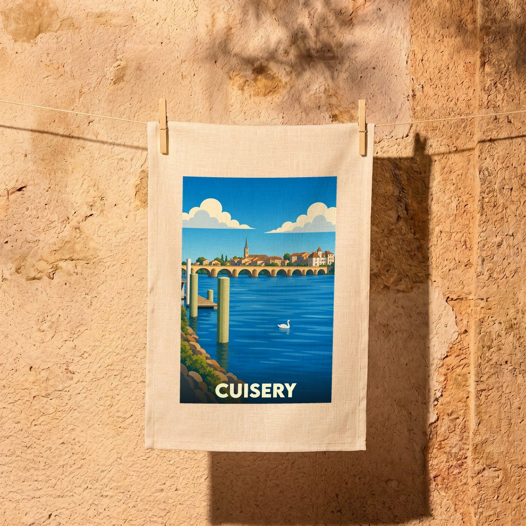 Torchon souvenir de la ville de Cuisery avec une illustration stylisée représentant un pont sur une rivière.