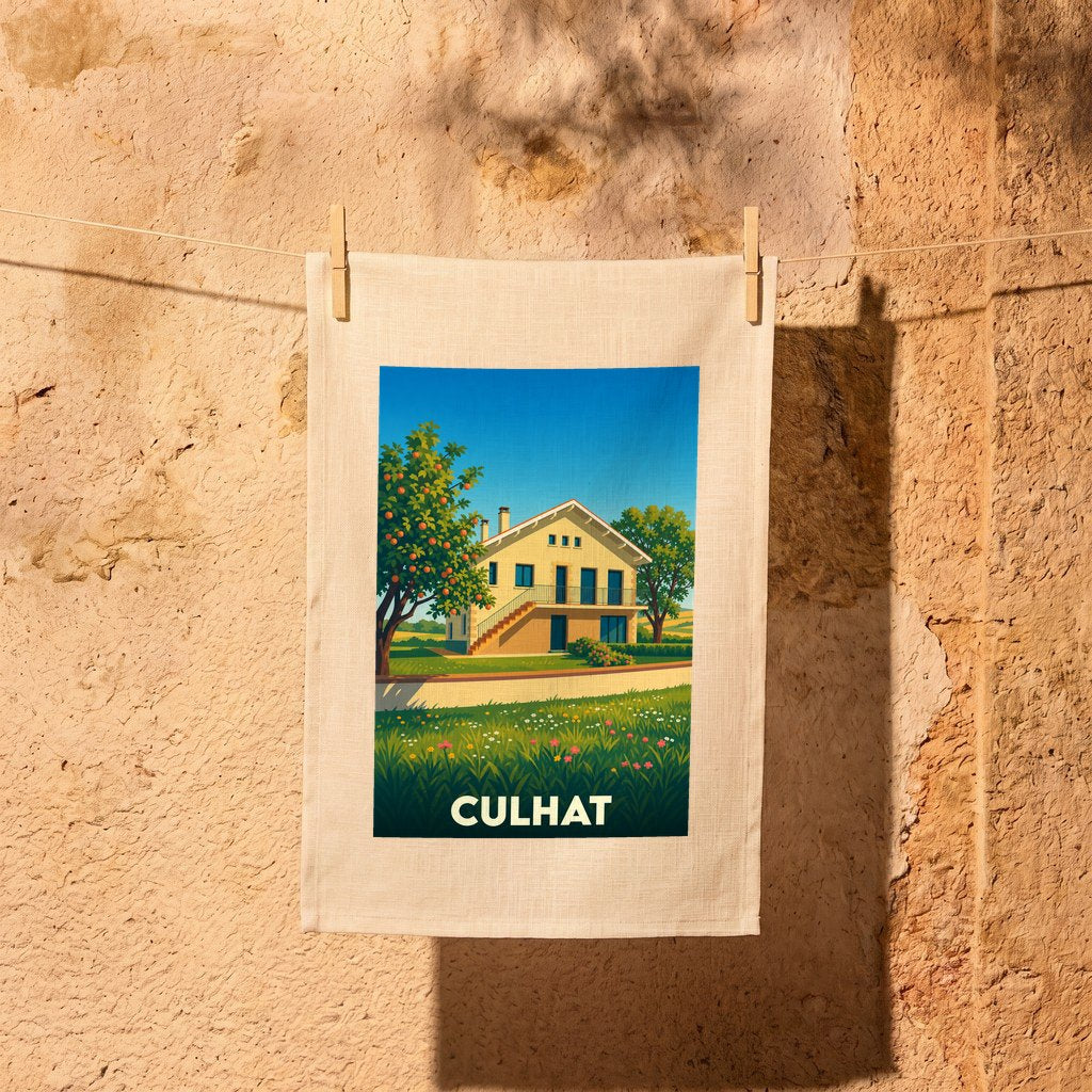 Torchon souvenir de la ville de Culhat orné d'une illustration stylisée d'une maison de campagne.