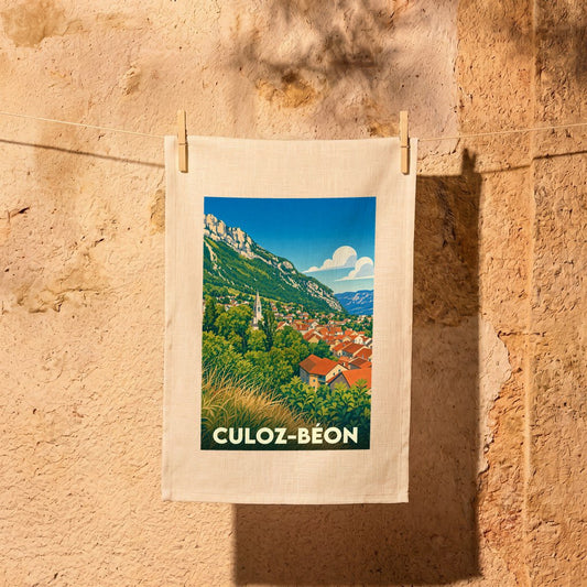 Torchon souvenir de la ville de Culoz-Béon avec une illustration paysagère stylisée.