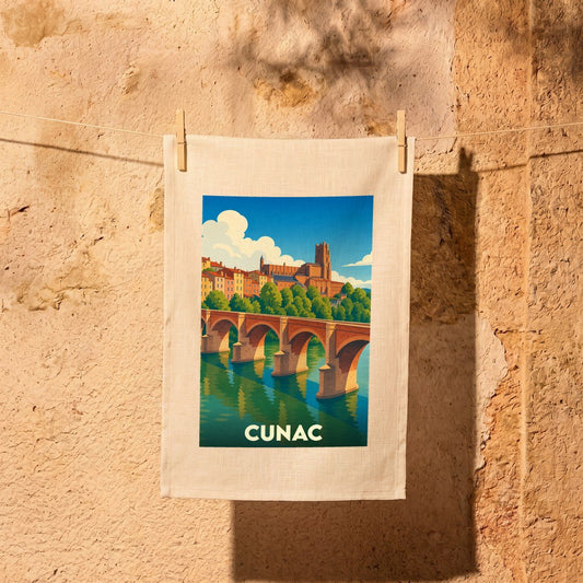 Torchon souvenir de la ville de Cunac orné d'une illustration stylisée de son pont et de son église.