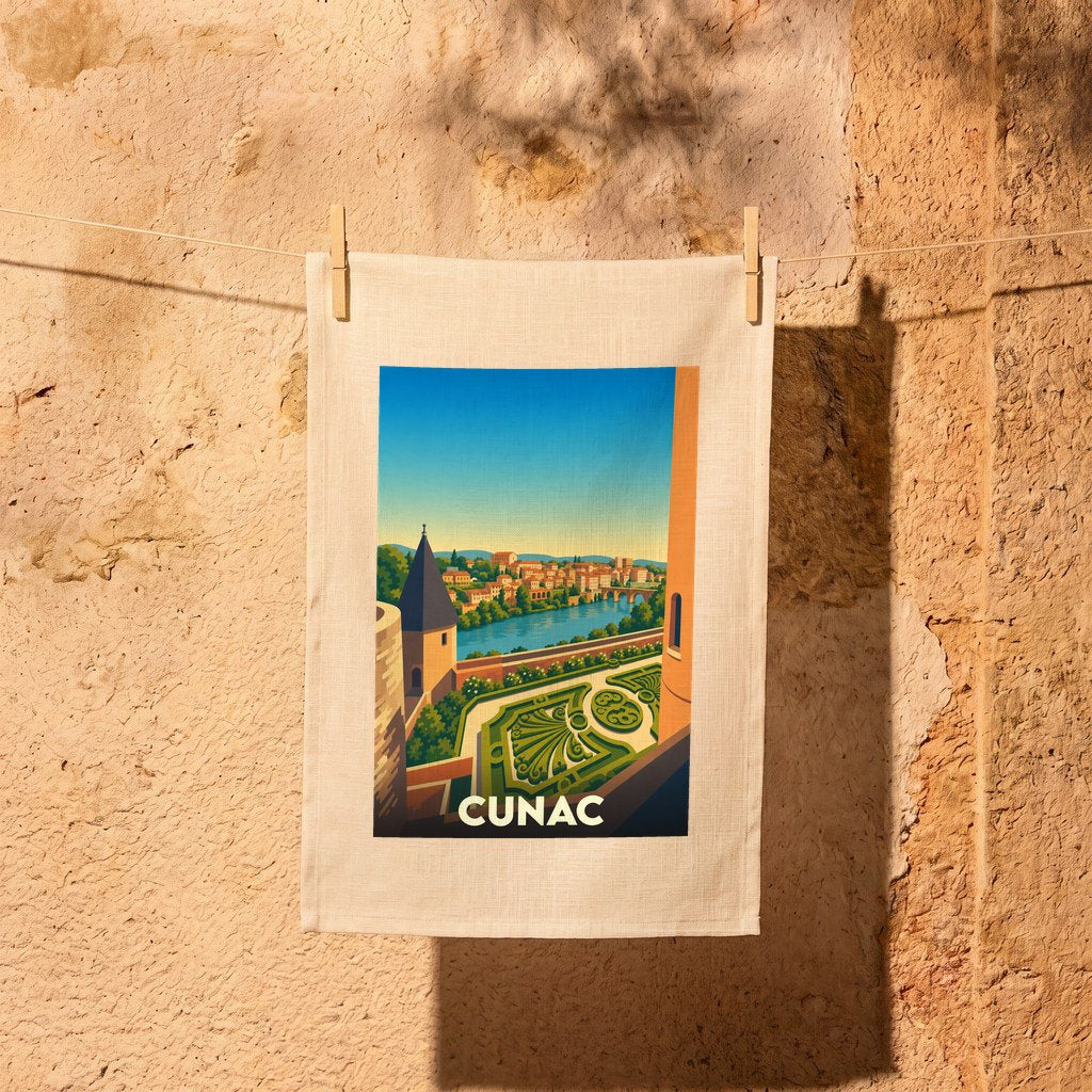 Torchon souvenir de la ville de Cunac avec une illustration stylisée de ses jardins et du paysage environnant.