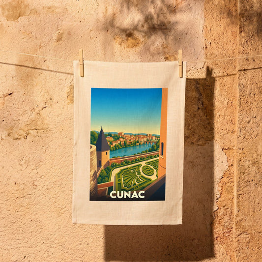 Torchon souvenir de la ville de Cunac avec une illustration stylisée de ses jardins et du paysage environnant.