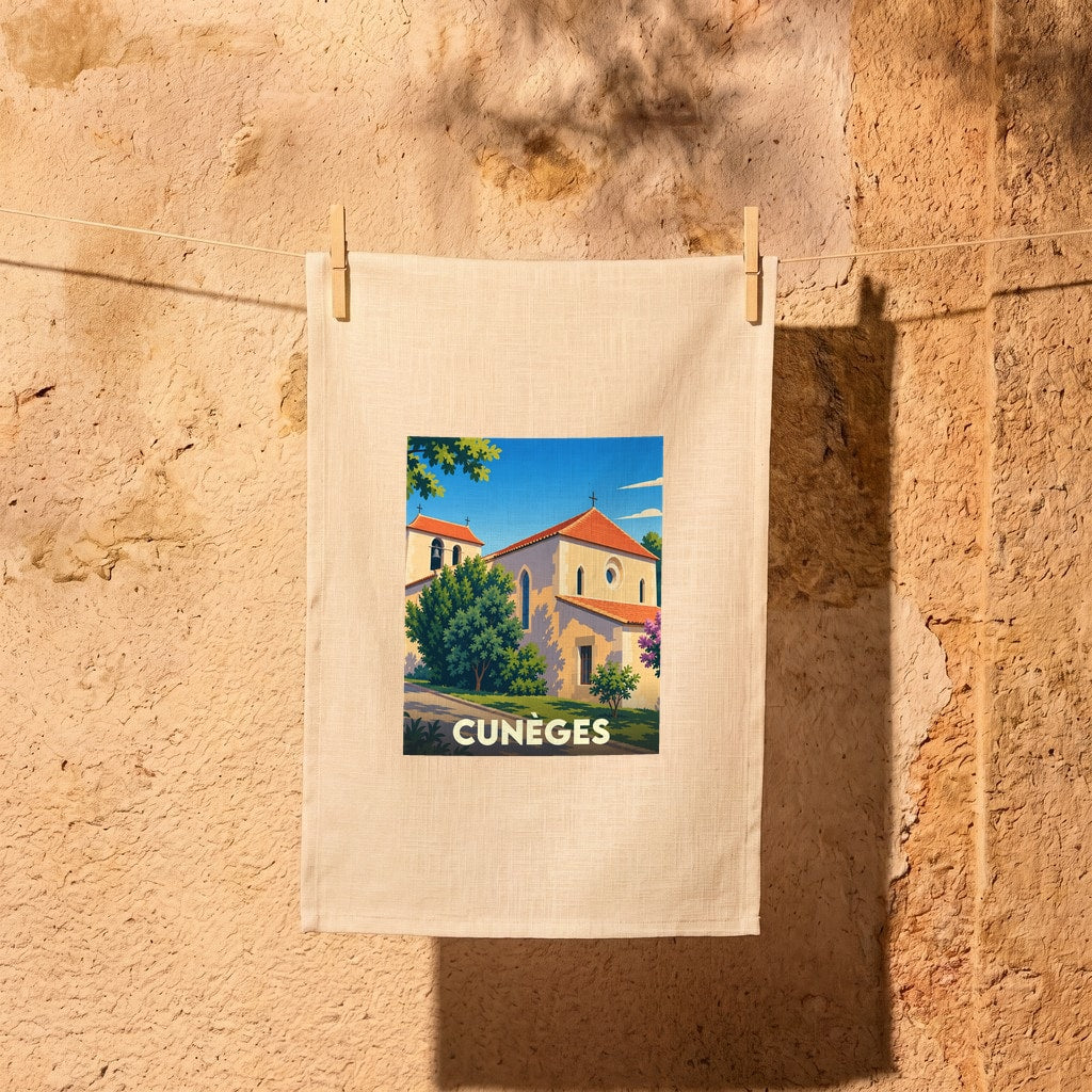 Torchon souvenir de la ville de Cunèges avec une illustration stylisée de son église.