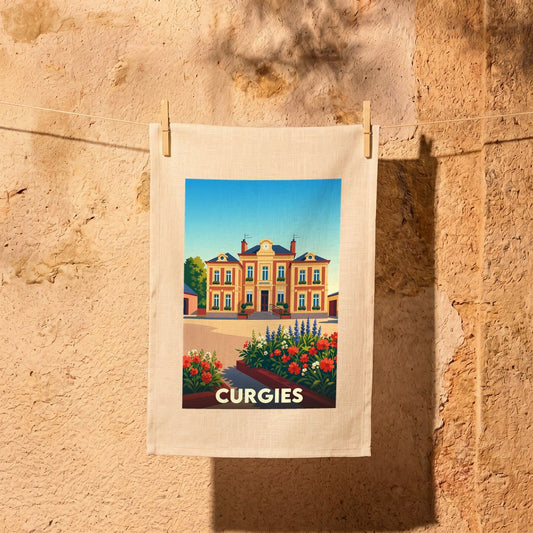 Torchon souvenir de la ville de Curgies avec une illustration colorée et stylisée de sa mairie.