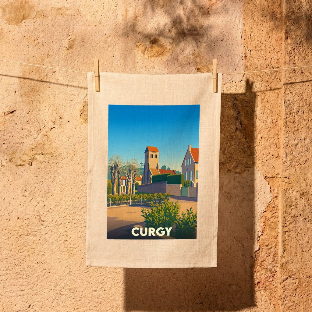 Torchon souvenir de la ville de Curgy illustré d'un paysage urbain stylisé.