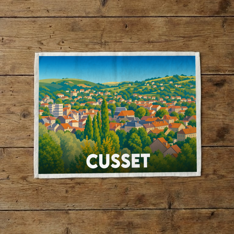 Torchon souvenir de la ville de Cusset avec une illustration stylisée de ses paysages urbains et verdoyants.