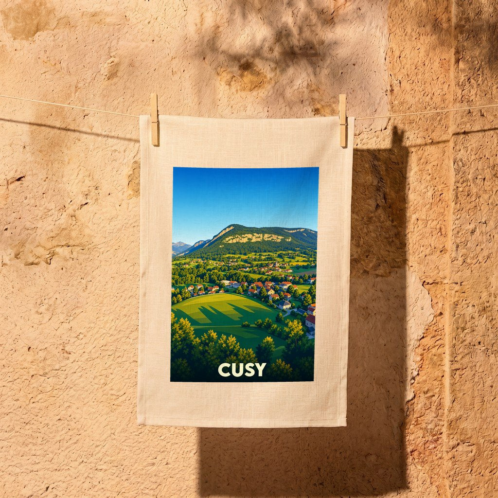Torchon souvenir de la ville de Cusy avec une illustration de paysage de montagne stylisée.