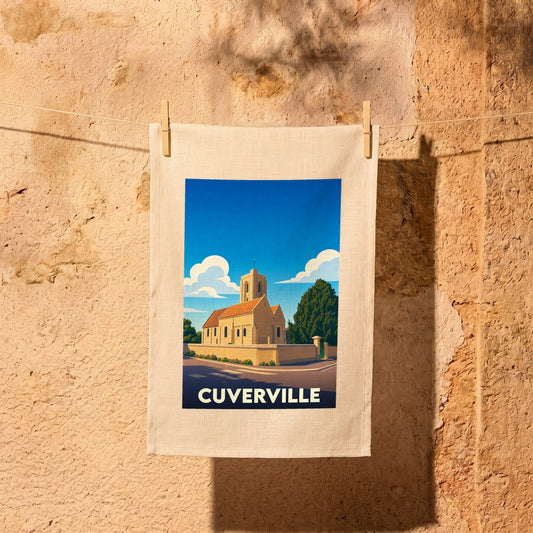 Torchon souvenir de la ville de Cuverville avec une illustration stylisée de son église.
