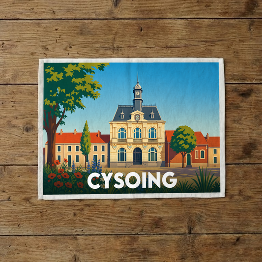 Torchon souvenir de la ville de Cysoing avec une illustration stylisée.