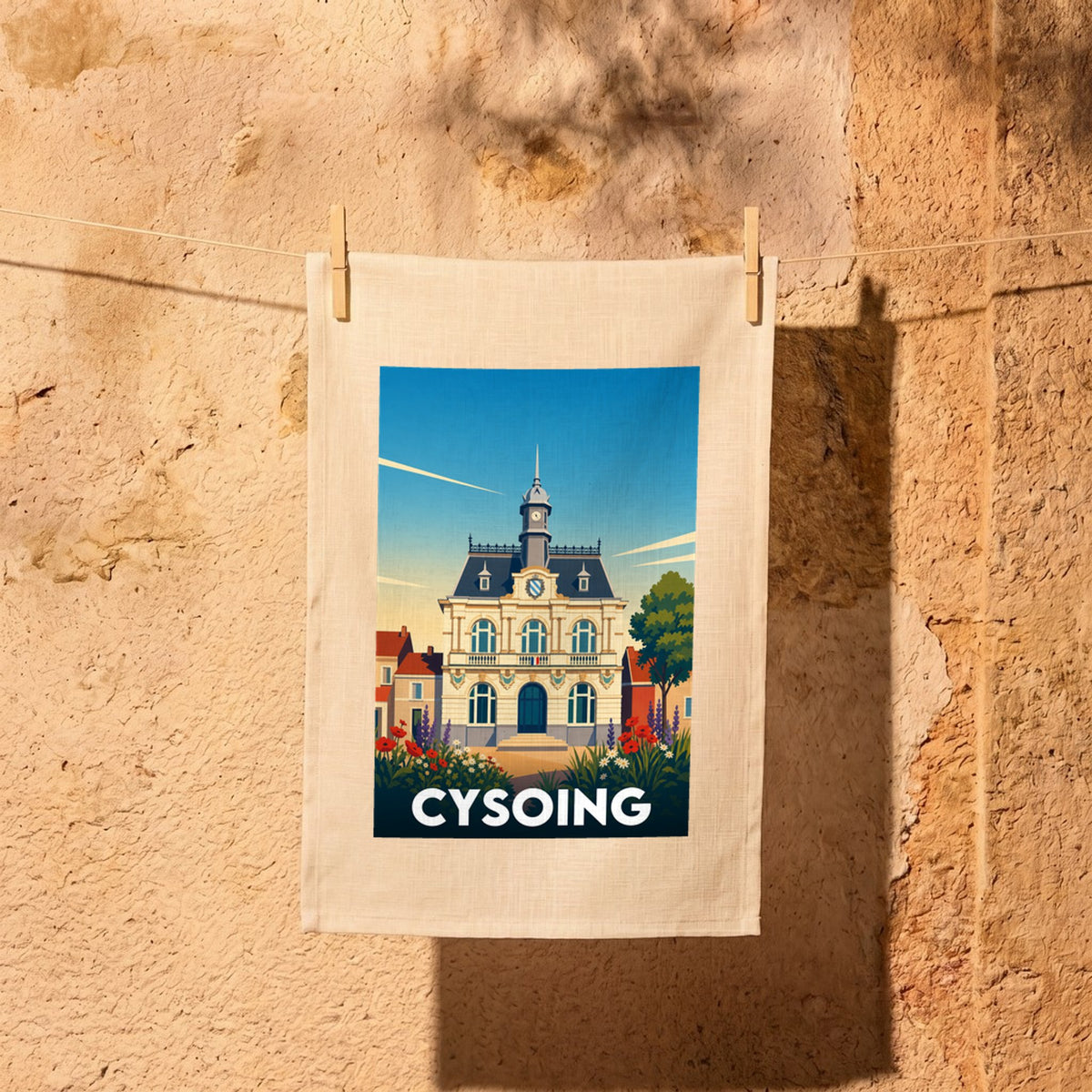 Torchon souvenir de la ville de Cysoing avec une illustration stylisée.