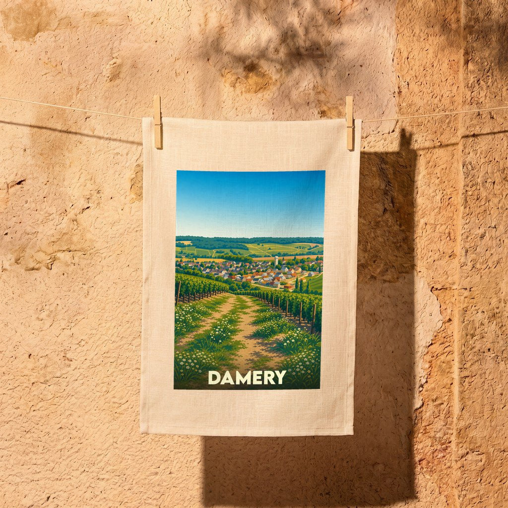 Torchon souvenir de la ville de Damery avec une illustration stylisée de son vignoble.