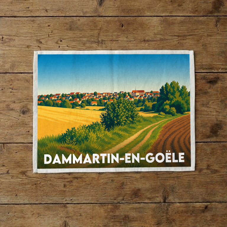 Torchon souvenir de la ville de Dammartin-en-Goële avec une illustration stylisée de ses paysages.