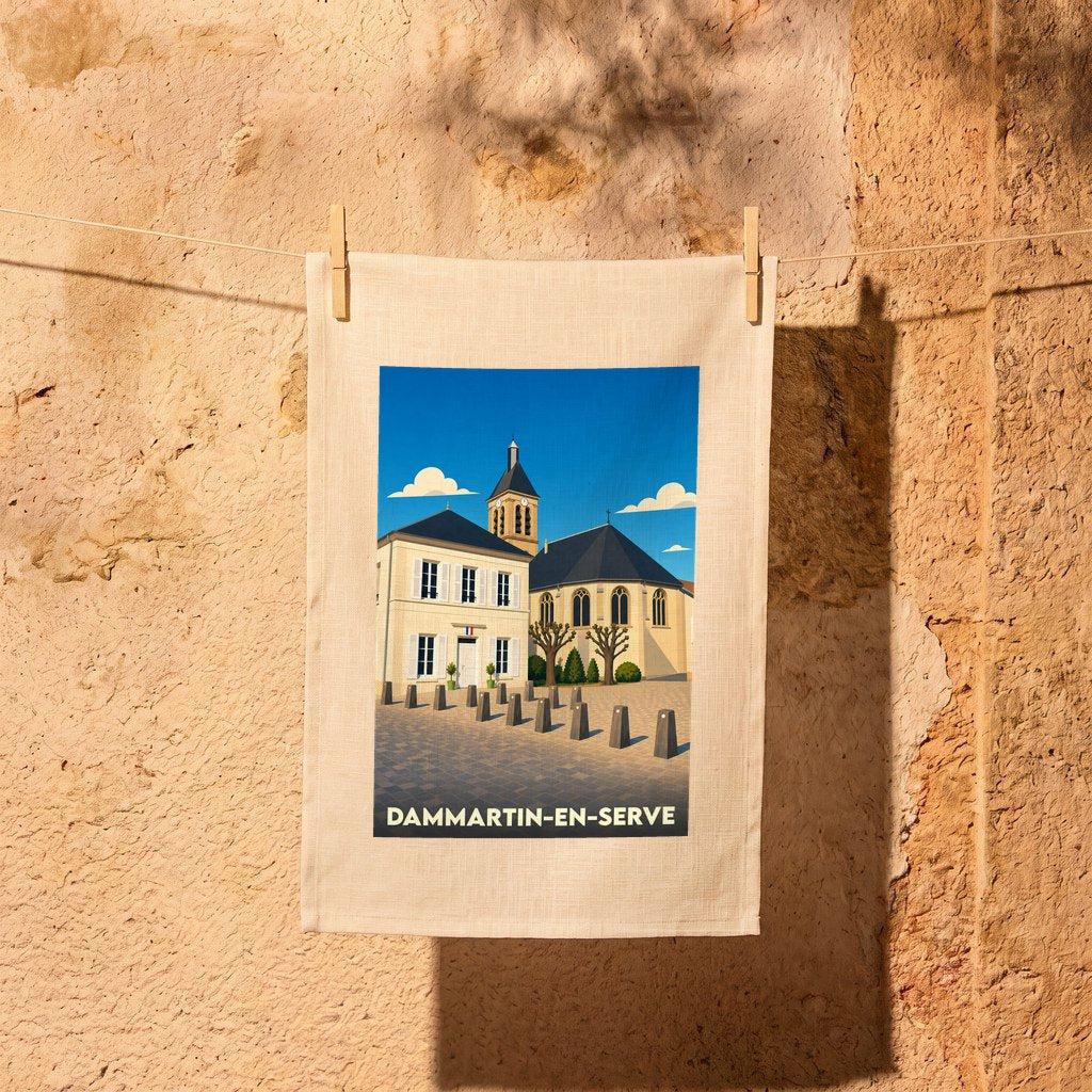 Torchon souvenir de la ville de Dammartin-en-Serve avec une illustration stylisée de sa mairie et de son église.