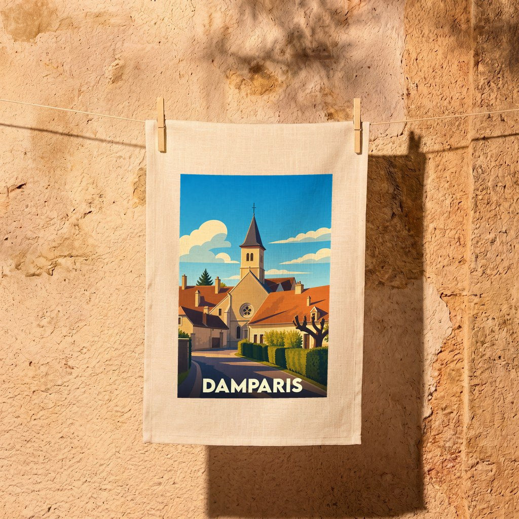 Torchon souvenir de la ville de Damparis avec une illustration stylisée de son église et de ses maisons.