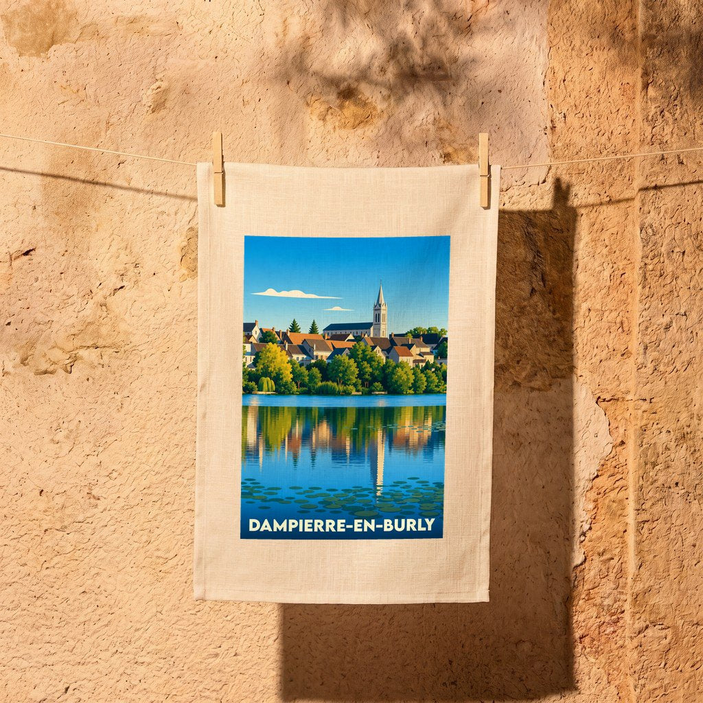 Torchon souvenir de la ville de Dampierre-en-Burly avec une illustration stylisée d'un paysage au bord de l'eau.