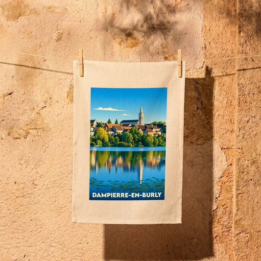 Torchon souvenir de la ville de Dampierre-en-Burly avec une illustration stylisée d'un paysage au bord de l'eau.