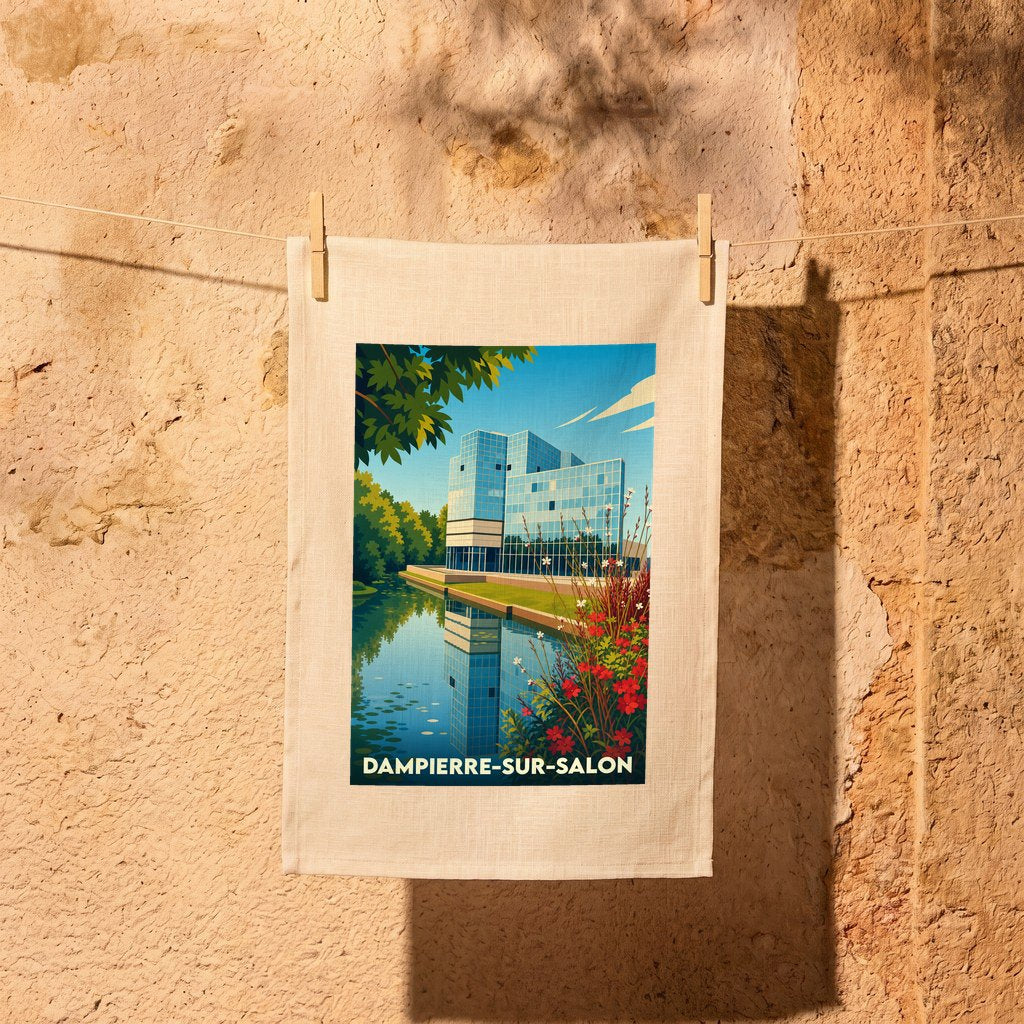 Torchon souvenir de la ville de Dampierre-sur-Salon avec une illustration stylisée d'un bâtiment moderne au bord de l'eau.