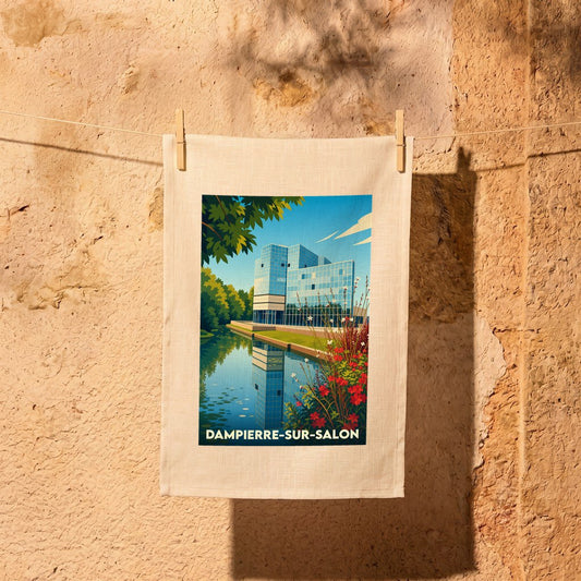 Torchon souvenir de la ville de Dampierre-sur-Salon avec une illustration stylisée d'un bâtiment moderne au bord de l'eau.