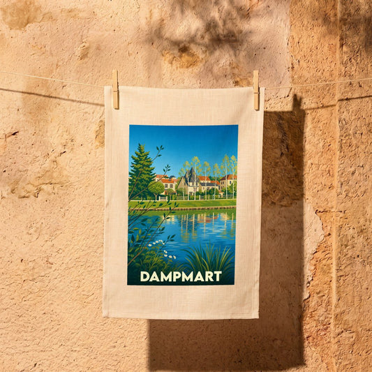 Torchon souvenir de la ville de Dampmart avec une illustration stylisée.