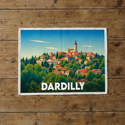 Torchon souvenir de la ville de Dardilly avec une illustration stylisée d'un village perché.
