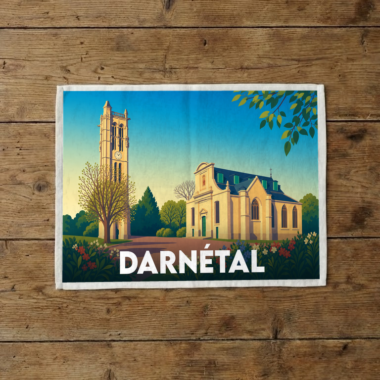 Torchon souvenir de la ville de Darnétal avec une illustration stylisée de son patrimoine architectural.