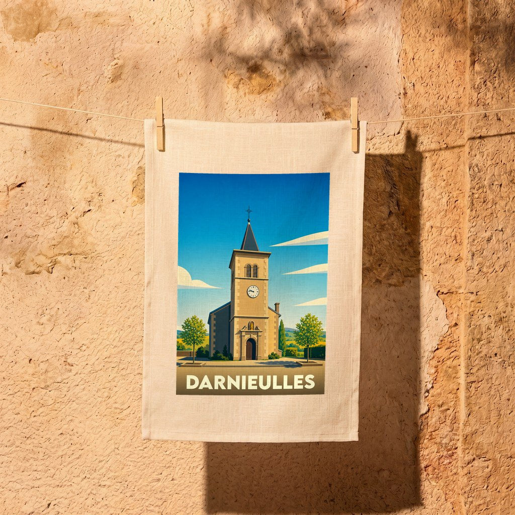 Torchon souvenir de la ville de Darnieulles avec une illustration stylisée de son église.