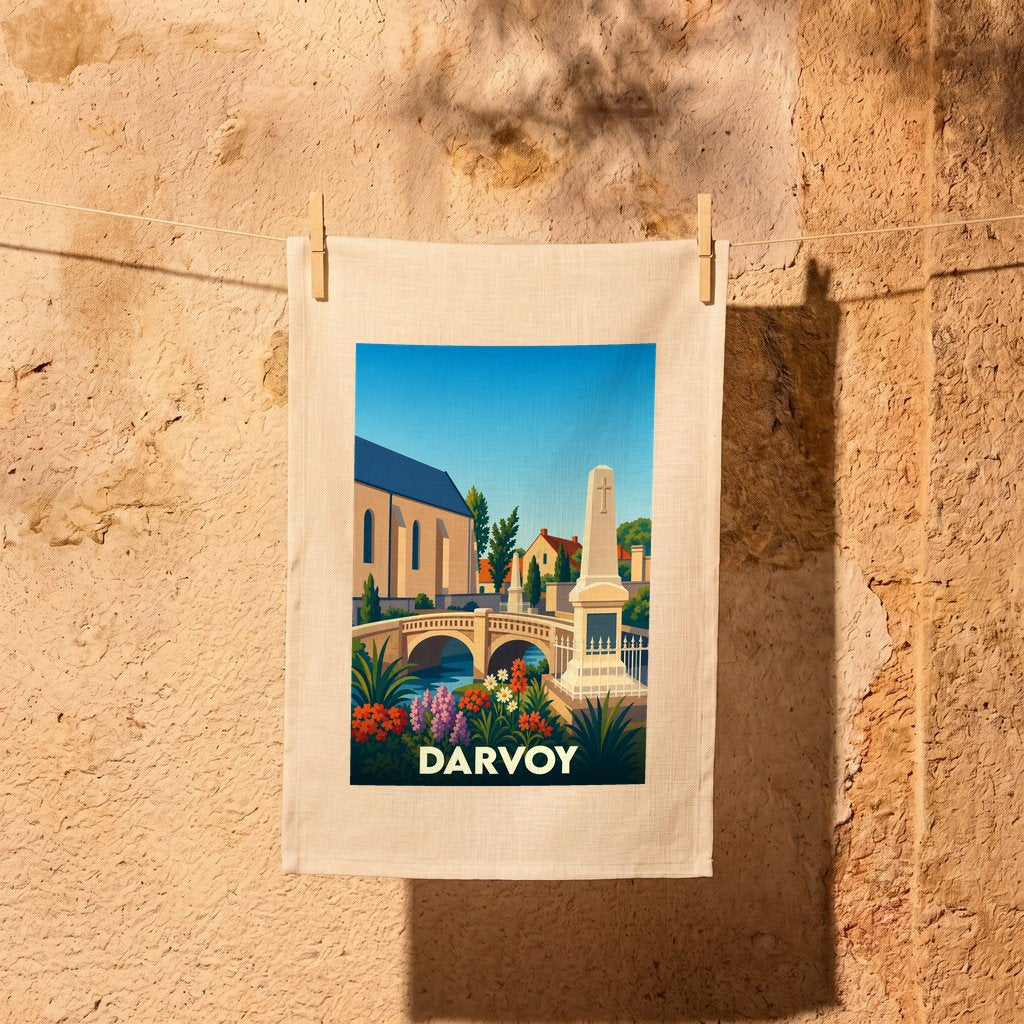 Torchon souvenir de la ville de Darvoy orné d'une illustration stylisée de son patrimoine.
