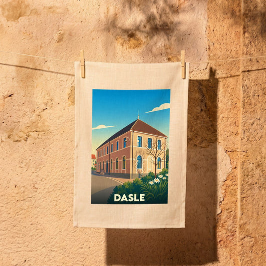 Torchon souvenir de la ville de Dasle avec une illustration stylisée de sa mairie.