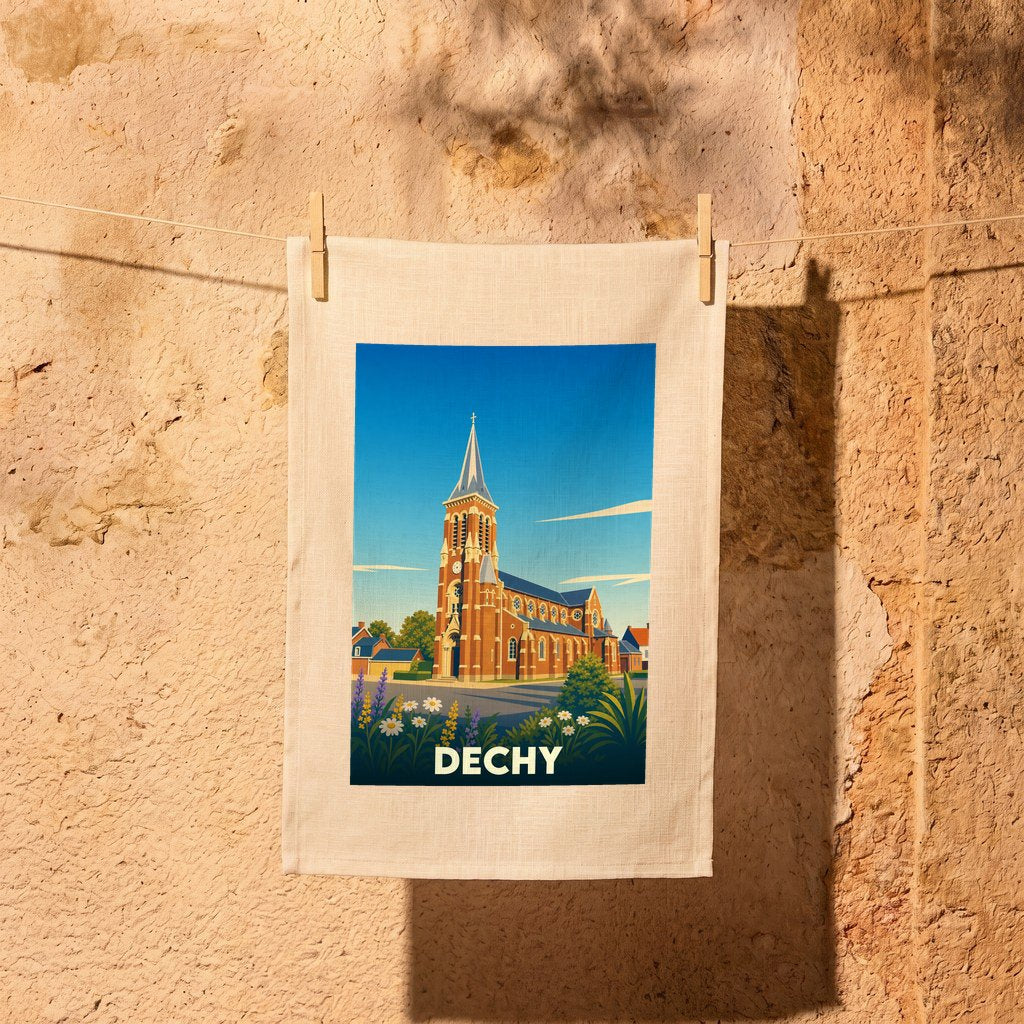Torchon souvenir de la ville de Dechy avec une illustration stylisée de son église sous un ciel bleu.