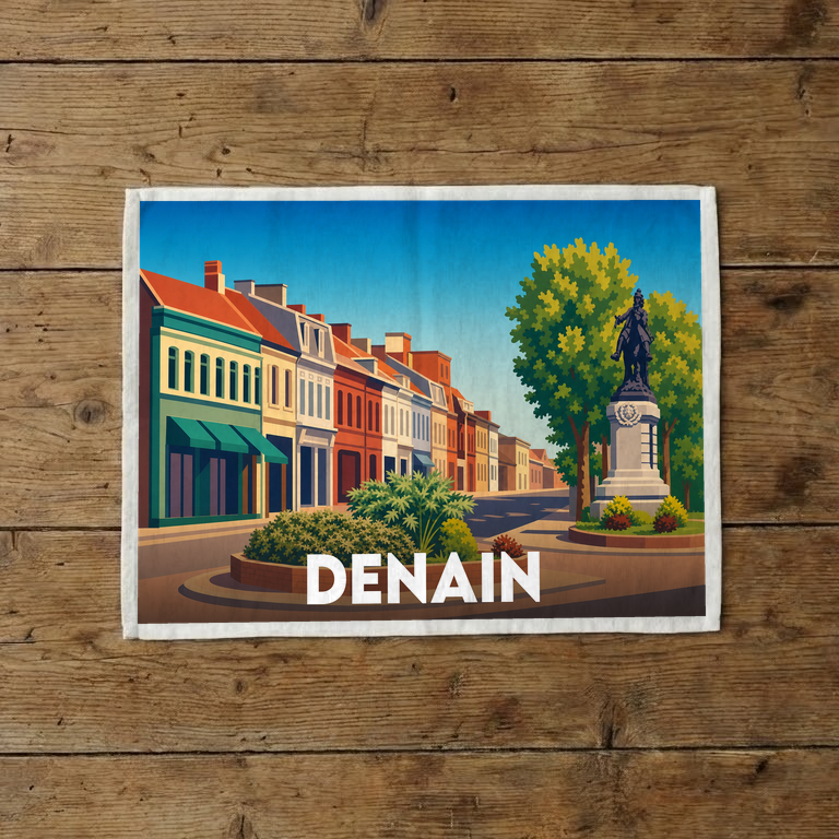 Torchon souvenir de la ville de Denain avec une illustration stylisée de bâtiments colorés et d'une statue.