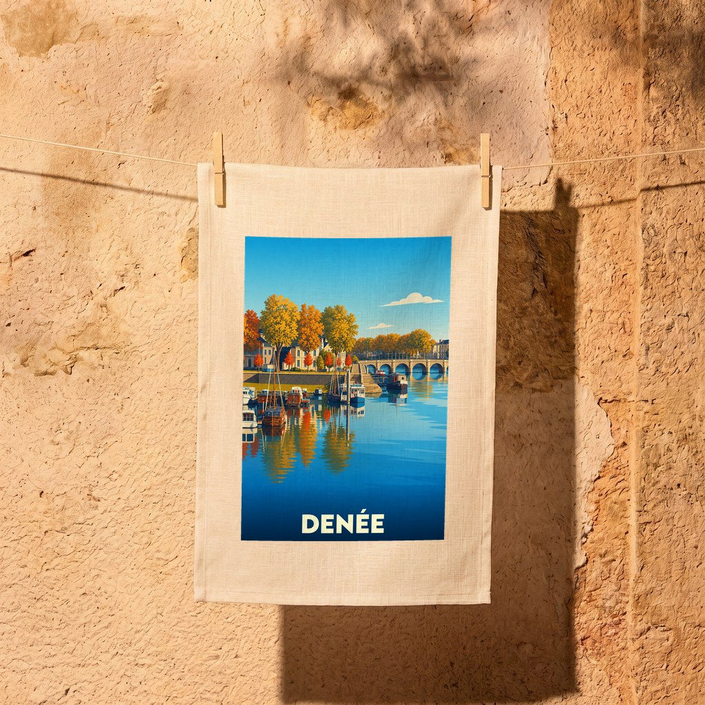 Torchon souvenir de la ville de Denée avec une illustration stylisée représentant un quai et ses bateaux en automne.